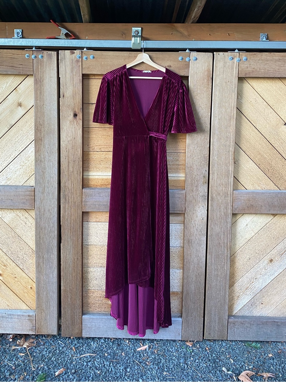 In Bloom Cranberry Striped Velvet High-Low Wrap Dress